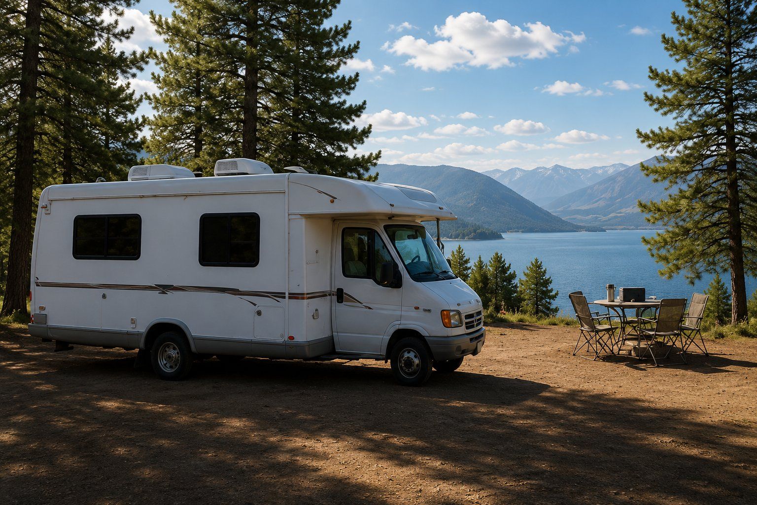 An off-grid site by a mountain lake